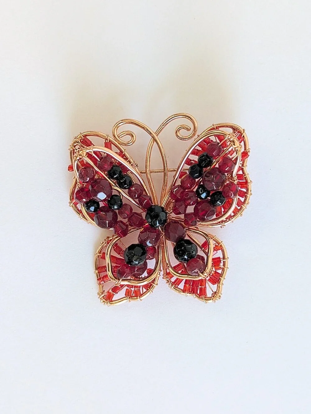 Vintage Wire Wrapped Butterfly Brooch Red Garnet Black Bead Art Glass Boho Pin